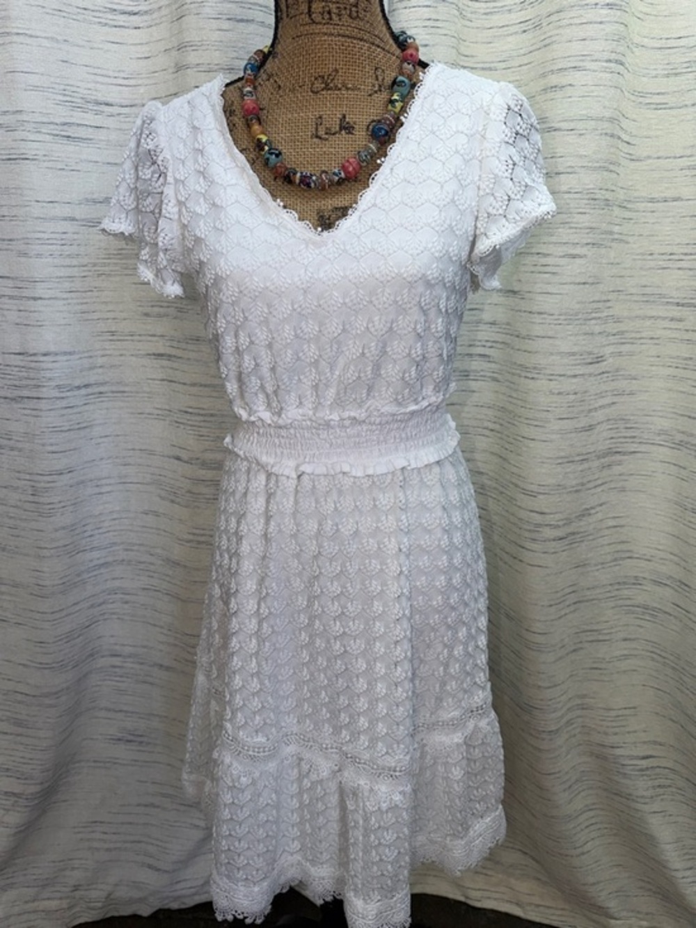 Lacey Chabert White Lace V-Neck Knit Tiered  Dress
